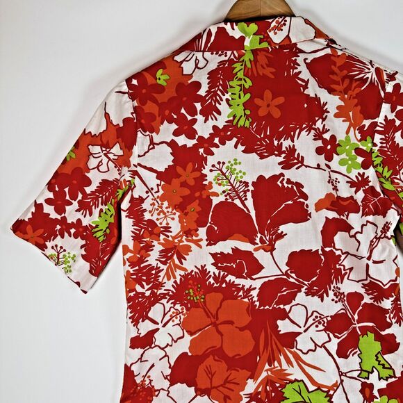 Vintage Lightning Bolt Hawaiian Shirt Womens Small 70s Red Hibiscus Aloha Surf - Picture 13 of 13